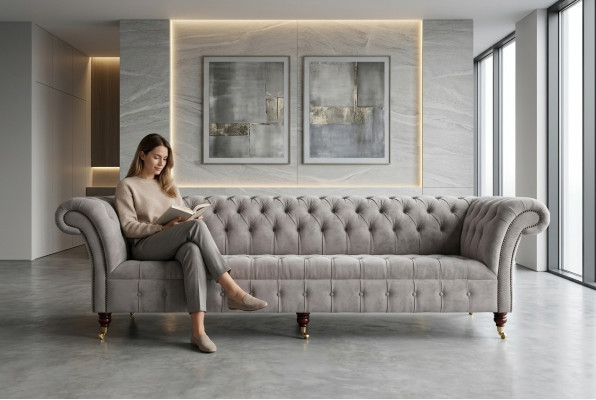 Sofá Chesterfield de 4 plazas XXL con cojines, diseño de sofás tapizados.