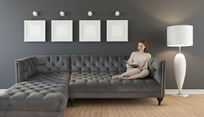 Sofá de tela tapizado sofá muebles de diseñador sofá de tela gris.