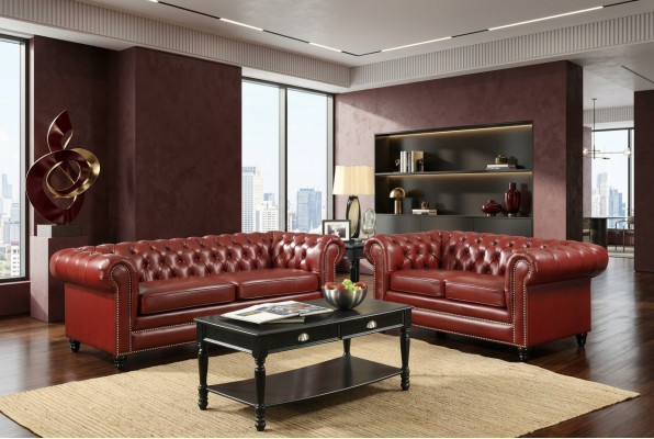 Sofá Chesterfield marrón 3+2 plazas, diseño de tapicería de diseñador.