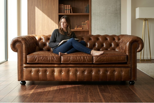 Sofá de cuero marrón Chesterfield de tres plazas de lujo para la sala de estar