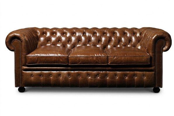 Sofá de cuero marrón Chesterfield de tres plazas de lujo para la sala de estar