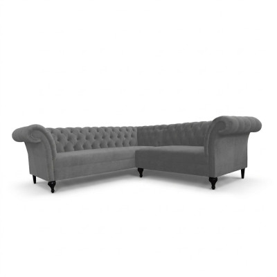Sofá esquinero Chesterfield gris, sofá de esquina de diseñador en forma de L de terciopelo.