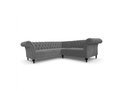 Sofá esquinero Chesterfield gris, sofá de esquina de diseñador en forma de L de terciopelo.