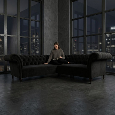 Sofá de lujo en forma de L Chesterfield negro