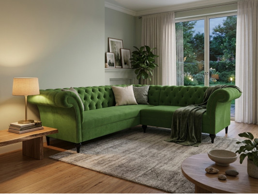 Sofá esquinero elegante verde Chesterfield en forma de L, sofás de diseñador, muebles tapizados.