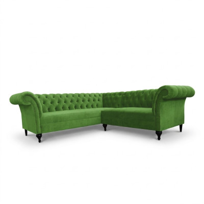 Sofá esquinero elegante verde Chesterfield en forma de L, sofás de diseñador, muebles tapizados.