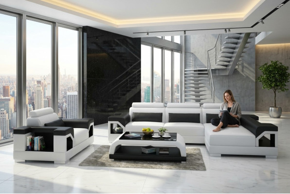 Sofá de cuero con chaise longue + sillón en forma de L, conjunto de esquina, diseño moderno.