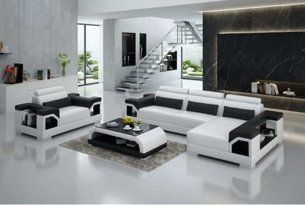 Sofá de cuero con chaise longue + sillón en forma de L, conjunto de esquina, diseño moderno.