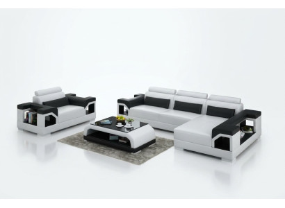 Sofá de cuero con chaise longue + sillón en forma de L, conjunto de esquina, diseño moderno.