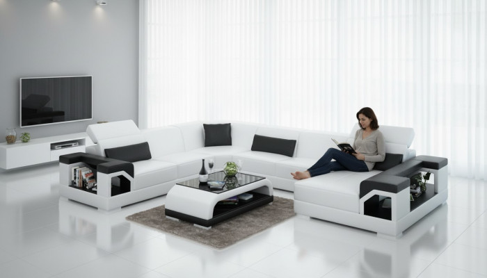 Sofá de cuero, sofá esquinero, conjunto de sala de estar, sofá de esquina, diseño de sofá moderno G8014, nuevo.