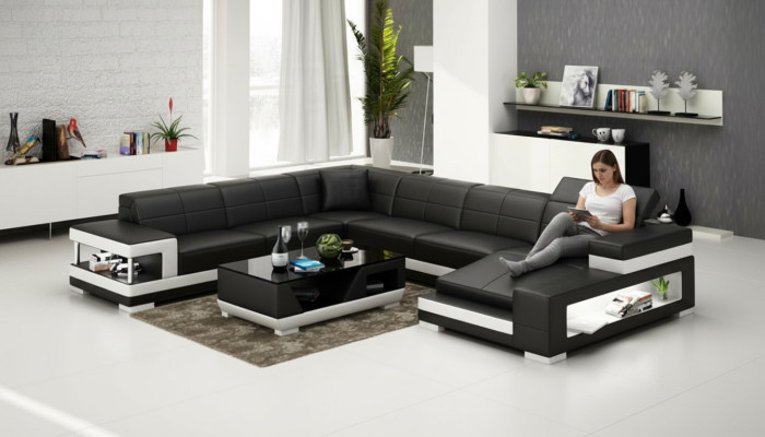 Sofá de cuero, sofá de salón, sofá en forma de L, juego de esquina, diseño de sofá moderno G8017.