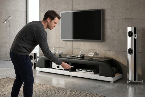 Mueble de TV RTV de cuero con mesa de cristal, armario de televisión y mueble bajo Mo.A.