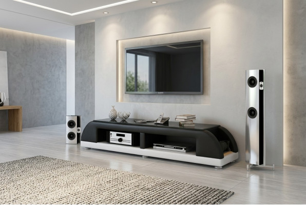 Mueble de TV RTV de cuero con mesa de cristal, armario de televisión y mueble bajo Mo.A.