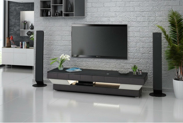 RTV Mueble de televisión de cuero y vidrio. Mesa de televisión. Armario bajo. Modelo J.