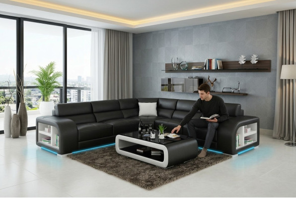 Sofá de cuero, sofá, paisaje de vida decoración moderna, rincón, sofá de esquina, conjunto de diseño.