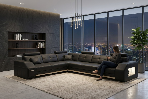 Sofá de esquina Sofá de cuero Sofá Sofá Acolchado Asiento Esquina Juego de sala Paisaje urbano Ebern S