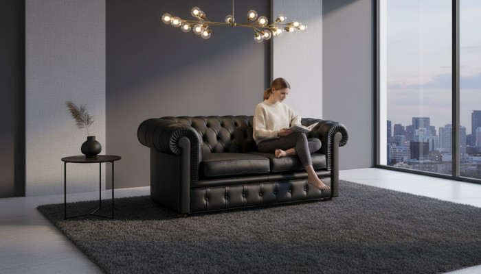Sofá Chesterfield Sofá Sofás tapizados Clásico de 2 plazas Asiento de cuero Schaffhausen