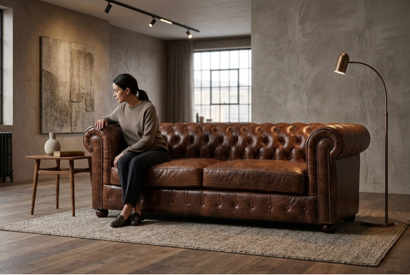 Sofá Chesterfield de 3 plazas acolchado en cuero y tela, nuevo.