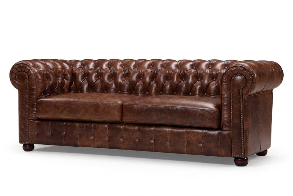Sofá Chesterfield de 3 plazas acolchado en cuero y tela, nuevo.