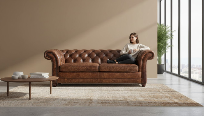 Chesterfield 100% Cuero Genuino Sofá de Cuero Sofá Couch Tapizado Sofá Clásico