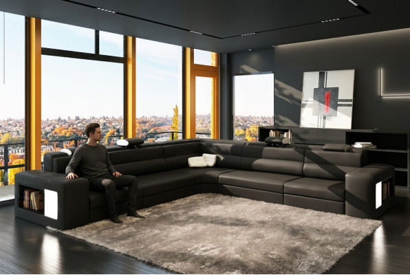 Sofá de cuero Sofá Sofá Sofá Rinconera Asiento Acolchado Salón de Grandes Dimensiones XXL Negro de Mimbre