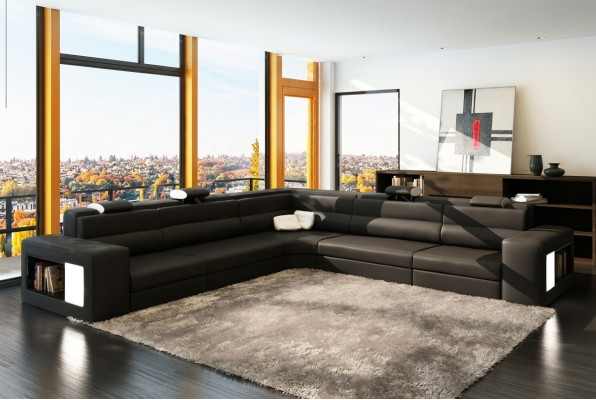 Sofá de cuero Sofá Sofá Sofá Rinconera Asiento Acolchado Salón de Grandes Dimensiones XXL Negro de Mimbre