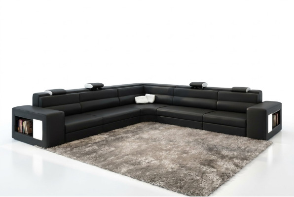 Sofá de cuero Sofá Sofá Sofá Rinconera Asiento Acolchado Salón de Grandes Dimensiones XXL Negro de Mimbre