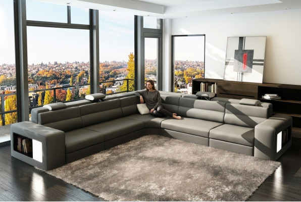 Sofá de cuero Sofá Sofá esquinero Asiento Almohadón Paisaje urbano Sala de estar XXL Grande Sauce Gris