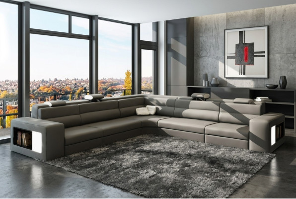 Sofá de cuero Sofá Sofá esquinero Asiento Almohadón Paisaje urbano Sala de estar XXL Grande Sauce Gris