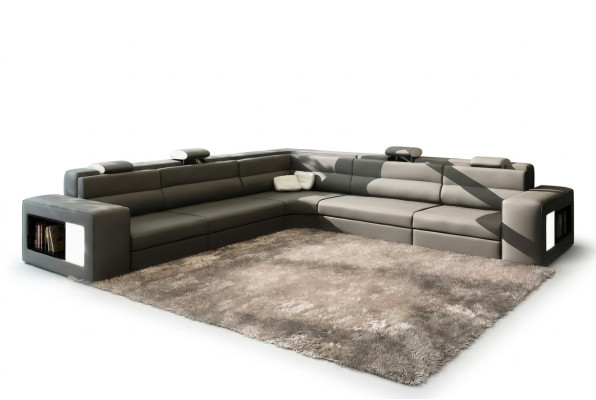 Sofá de cuero Sofá Sofá esquinero Asiento Almohadón Paisaje urbano Sala de estar XXL Grande Sauce Gris