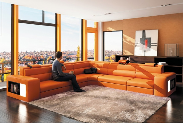 Sofá de cuero Sofá Sofá Esquinero Asiento Cojín Sala de estar XXL Grande Sauce Naranja
