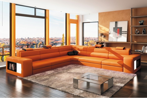 Sofá de cuero Sofá Sofá Esquinero Asiento Cojín Sala de estar XXL Grande Sauce Naranja