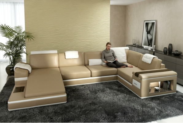 Sofá de esquina Sofá Couch Tapizado Cuero Conjunto de muebles de salón Esquina de salón Beige