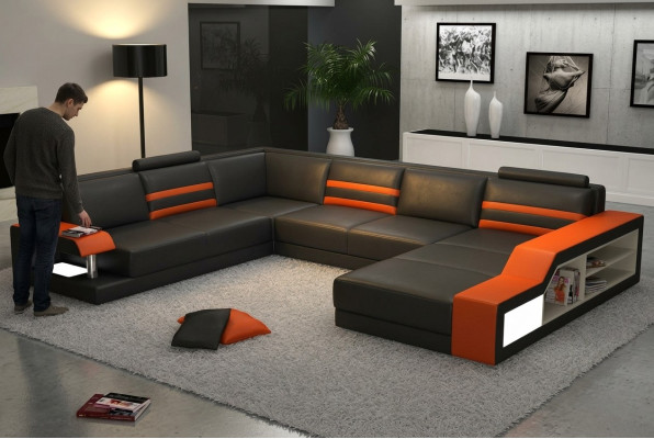 Sofá de diseño Sofá en forma de L Sofá de cuero Acolchado Asiento Esquina Set con luz PHX1