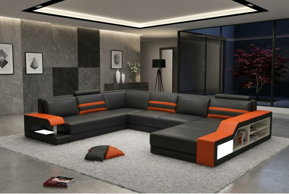 Sofá de diseño Sofá en forma de L Sofá de cuero Acolchado Asiento Esquina Set con luz PHX1