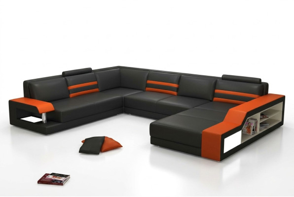 Sofá de diseño Sofá en forma de L Sofá de cuero Acolchado Asiento Esquina Set con luz PHX1