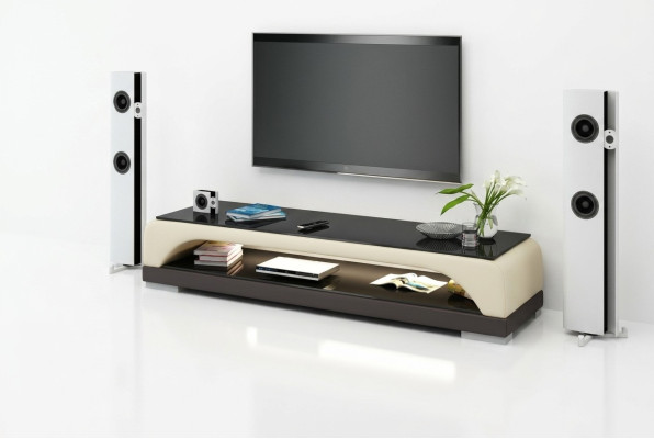 RTV Mueble de televisión de cuero y vidrio, mesa de televisor, mesa de diseñador y decoración.