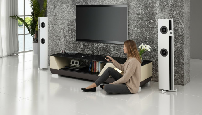 Mueble para televisión RTV de cuero con decoración de vidrio, mesa de diseñador para armario de televisión.
