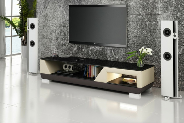 Mueble para televisión RTV de cuero con decoración de vidrio, mesa de diseñador para armario de televisión.