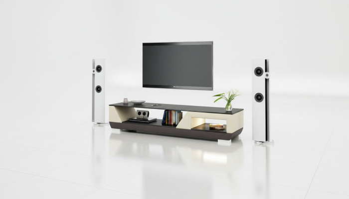 Mueble para televisión RTV de cuero con decoración de vidrio, mesa de diseñador para armario de televisión.