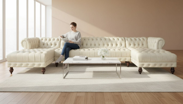 Sofá Chesterfield en forma de U, sofá de salón de cuero clásico, sofá esquinero - 366