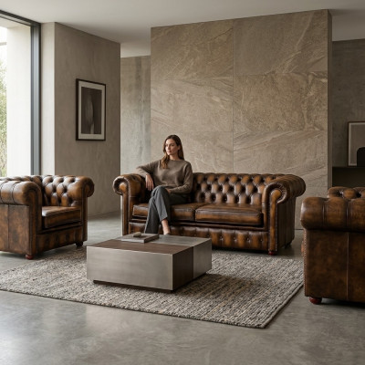 Sofá de Cuero Chesterfield 2+1+1 Textil Sofá de Tela Conjunto de Sofás