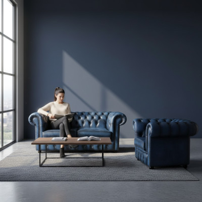 Chesterfield sofá de cuero tapizado decoración textil conjunto de sofá 2+1 cojín