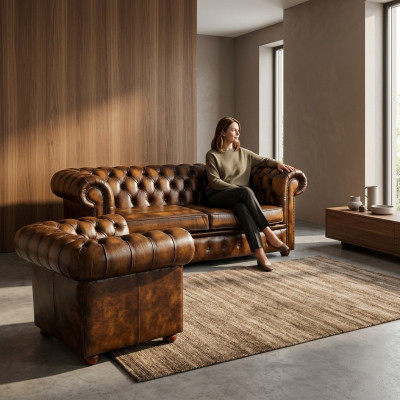 Sofá Chesterfield Dekor Sofá Tapizado Cuero Textil Juego de Sofás 2+1 Cojín