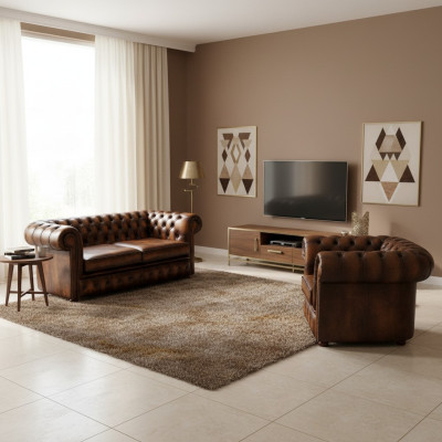 Sofá Chesterfield Dekor Sofá Tapizado Cuero Textil Juego de Sofás 2+1 Cojín