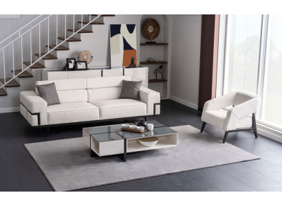 Wohnzimmer Weiße Polstergarnitur 3+1 Sitzer Designer Glas Couchtisch