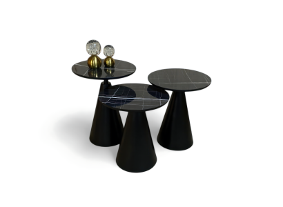 Stilvolles Set aus drei Couchtischen mit konischem Untergestell in Schwarz