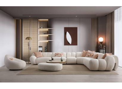 Weißes Wohnzimmer Set Designer Ecksofa Textilsessel Holz Couchtisch