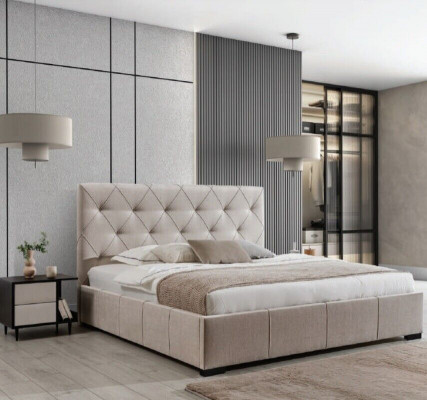 Cama doble beige de lujo con mesitas de noche